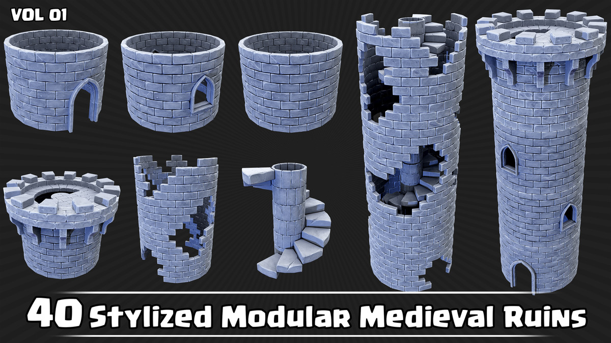 40 Stylized Modular Medieval Ruins