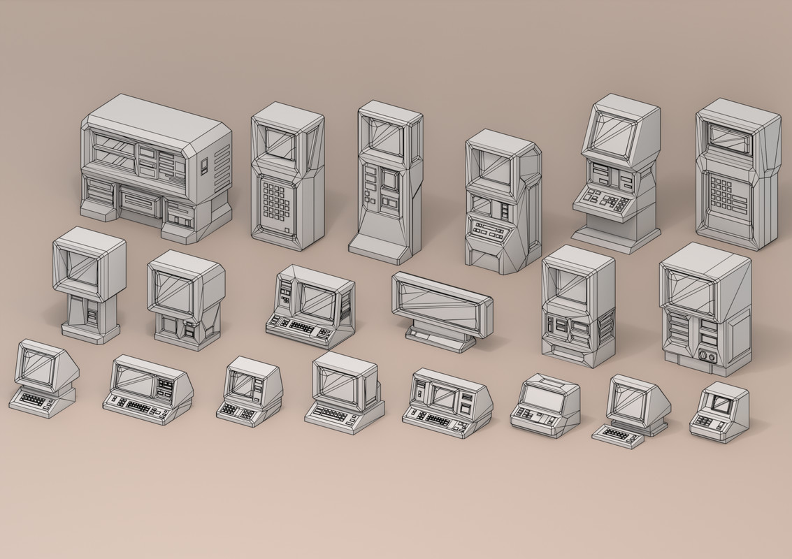 40x Low Poly Sci-Fi Retro Computers Bundle Terminals, CRT, Laptops