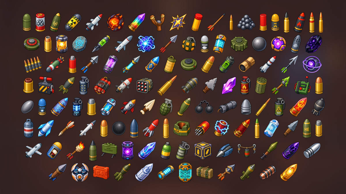 Ammunition Projectiles Rockets Explosives Bullets Combat Icons Pack