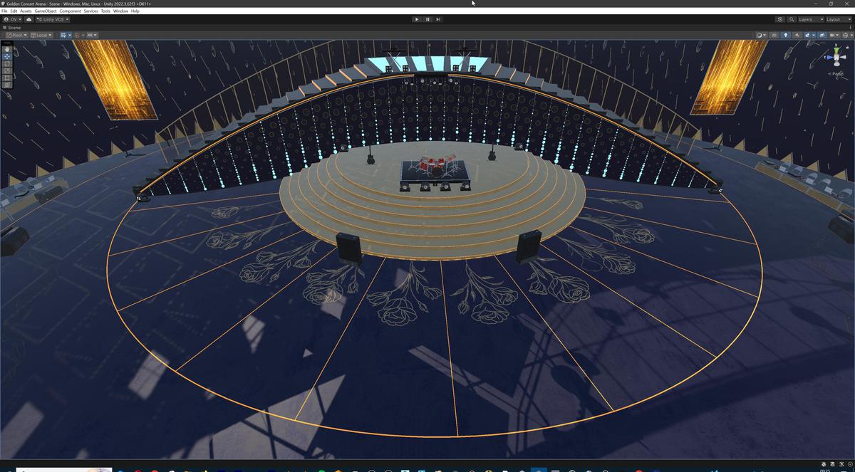 Golden Concert Arena Stadium 3D Model - Futuristic Environment with Stage, Props