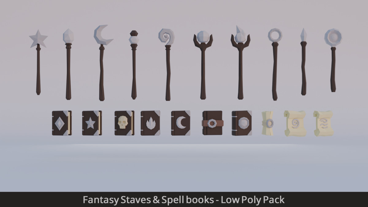 Fantasy Staves & Spell books - Low Poly Pack