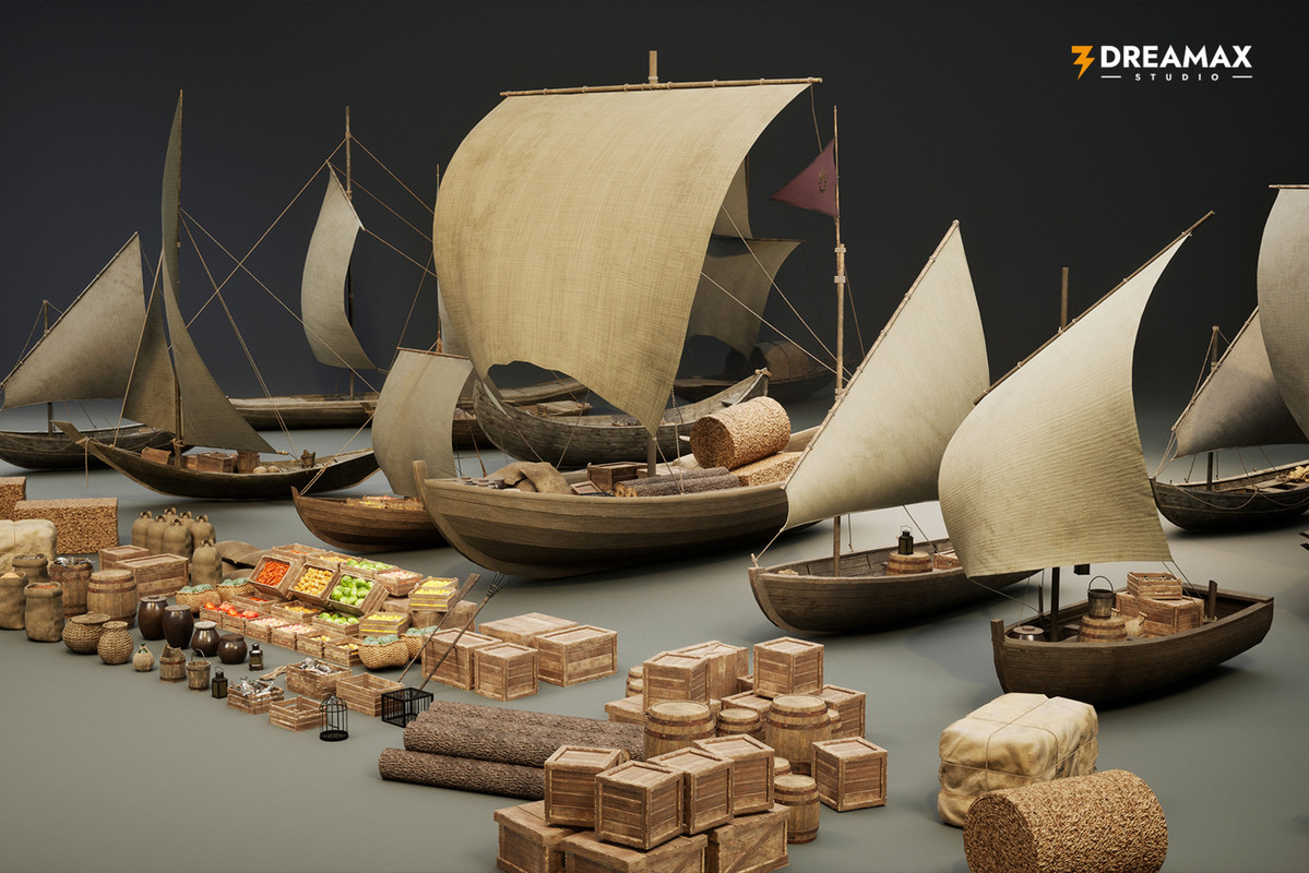 Medieval Sailing Boats & Harbor Market Props Pack – Cargo, Market & Dock Assets