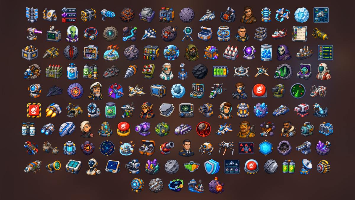 Sci-Fi Space Colony Asteroid Mining Combat Resources Icons Pack