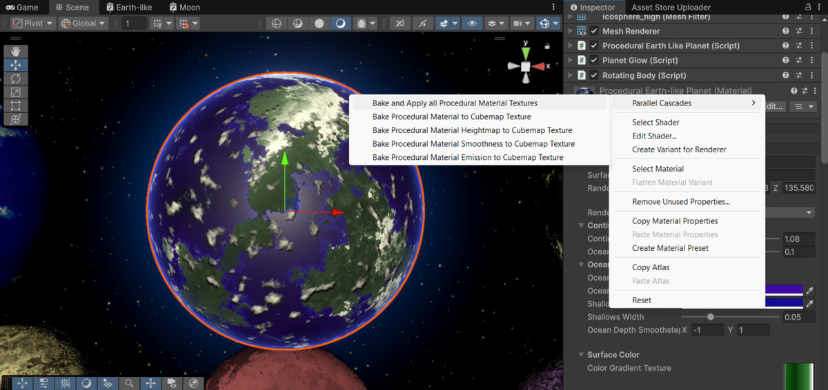 Terrestrial Planets and Moons: Procedural Shaders, Effects and In-Editor Baking