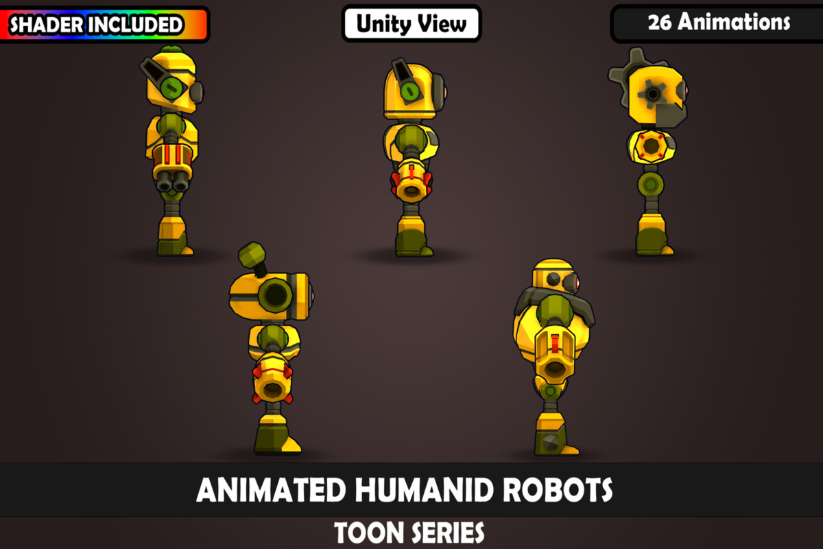 V1 Animated Toon Humanoid Robot Charcaters : 5 Characters, 26 Animations, Matcap