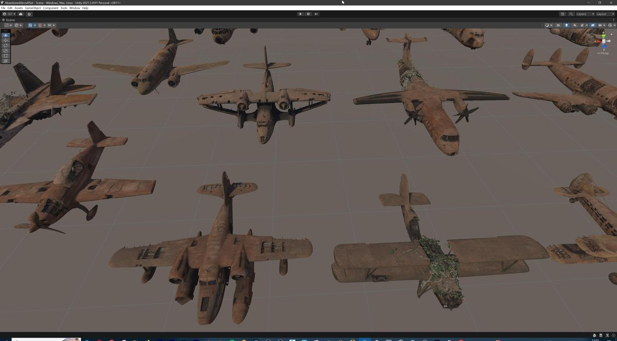 Old Abandoned Junk Rusty Aircraft and Helicopter Set 3d Game Ready Modular Props