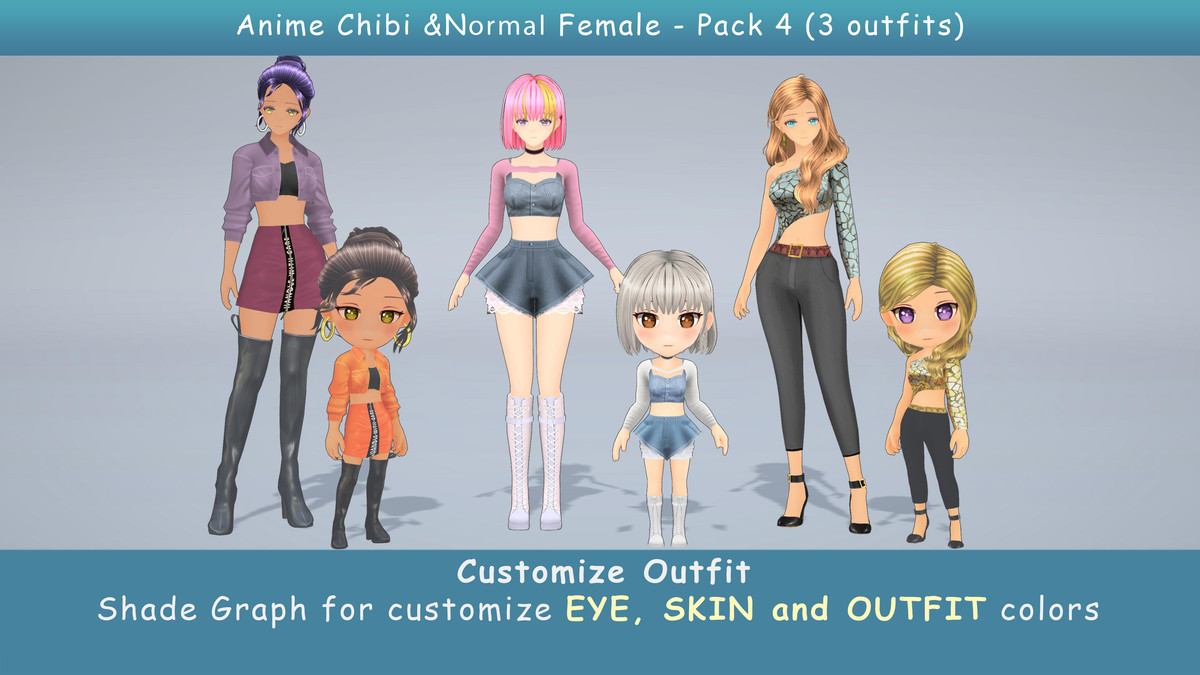 Modular Anime Female Character - Combo 4 (3 outfit)