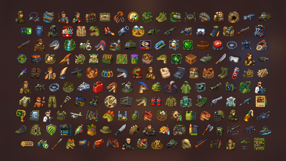 Dinosaur Survival Hunting Military Expedition Adventure Icons Pack