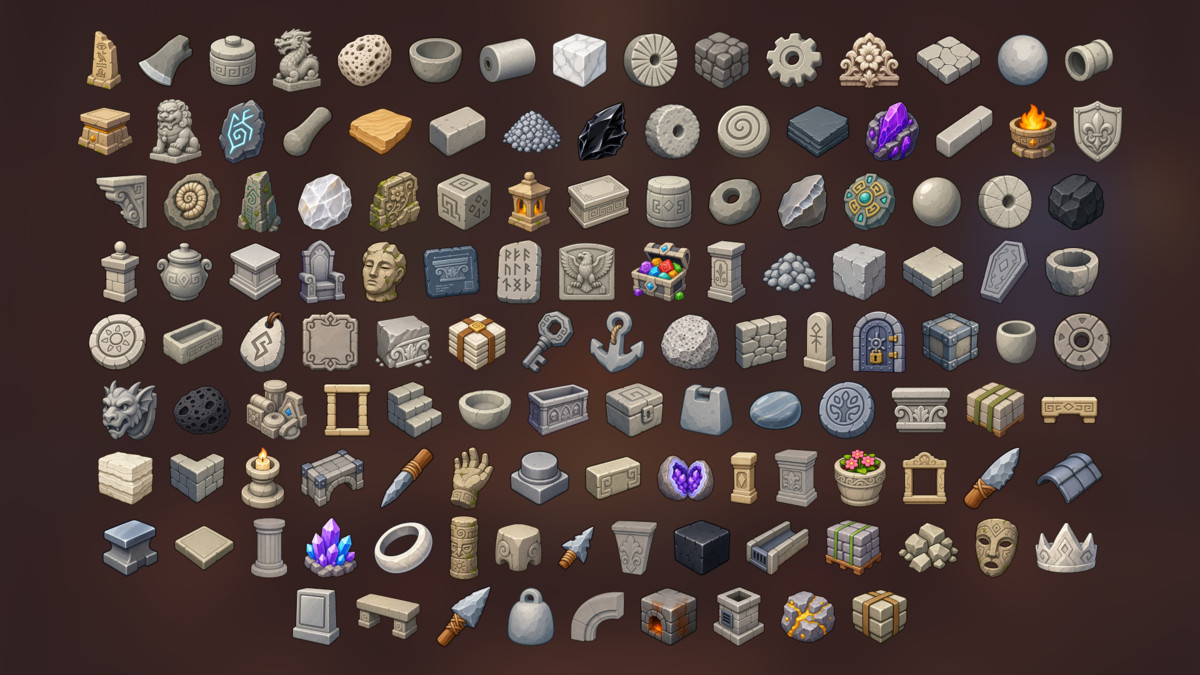 Ancient Stone Ruins Temple Dungeon Architecture Icons Pack