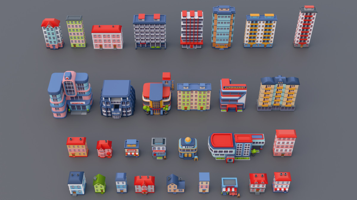 30 Low-Poly Urban Buildings Collection