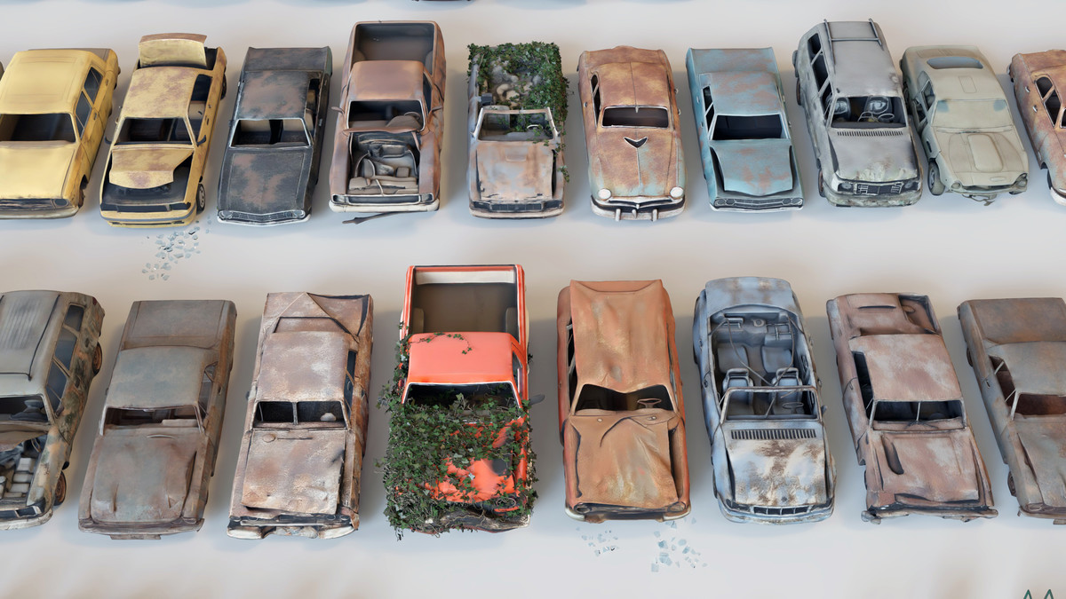 Old Abandoned Junk Rusty Vehicles 3d Game Ready Set (Car, Bus, Motorcycle, Bike)