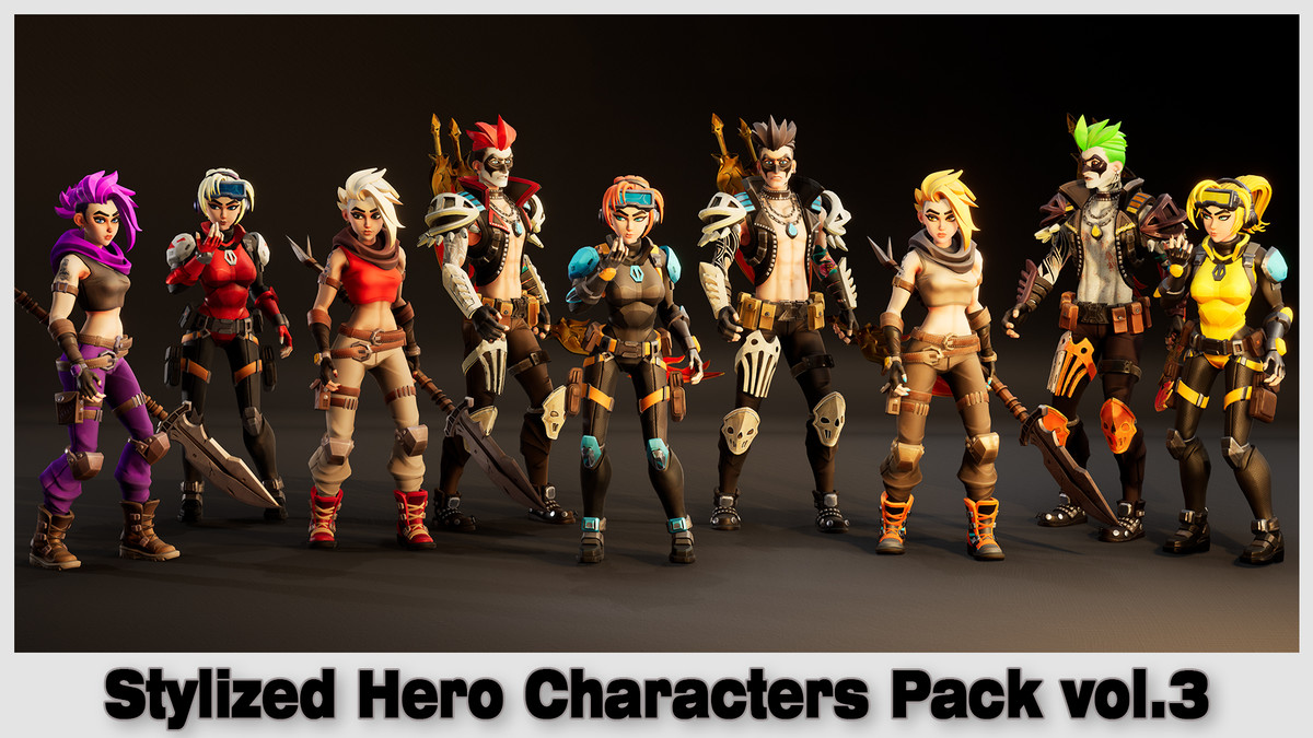 Stylized Hero Characters Pack vol.3 – 3 Game-Ready Heroes (9 Skins)
