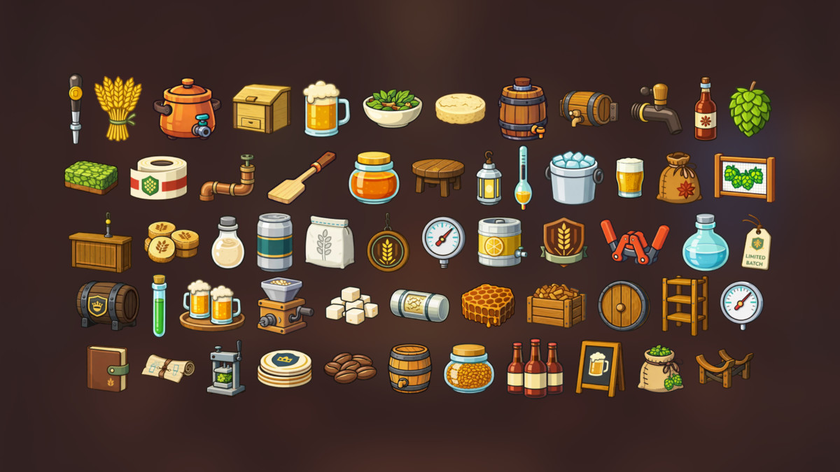 Craft Brewery Beer Production Icons Pack for Tycoon Simulation Management Games