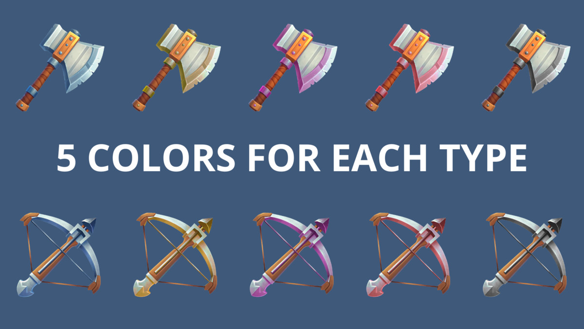 2D Medieval Weapons Pack - 90 Icons, 18 Designs in 5 Colors, Transparent PNG