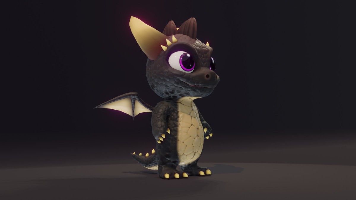 Cartoon Black Baby Dragon 3D Model (Low-Poly, Game-Ready, Animated, Built-In)