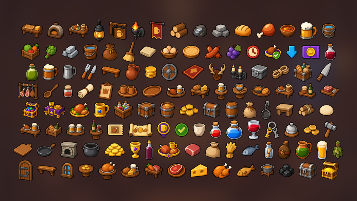 Medieval Tavern Food Cooking Resources Icons Pack RPG Simulation Strategy Games