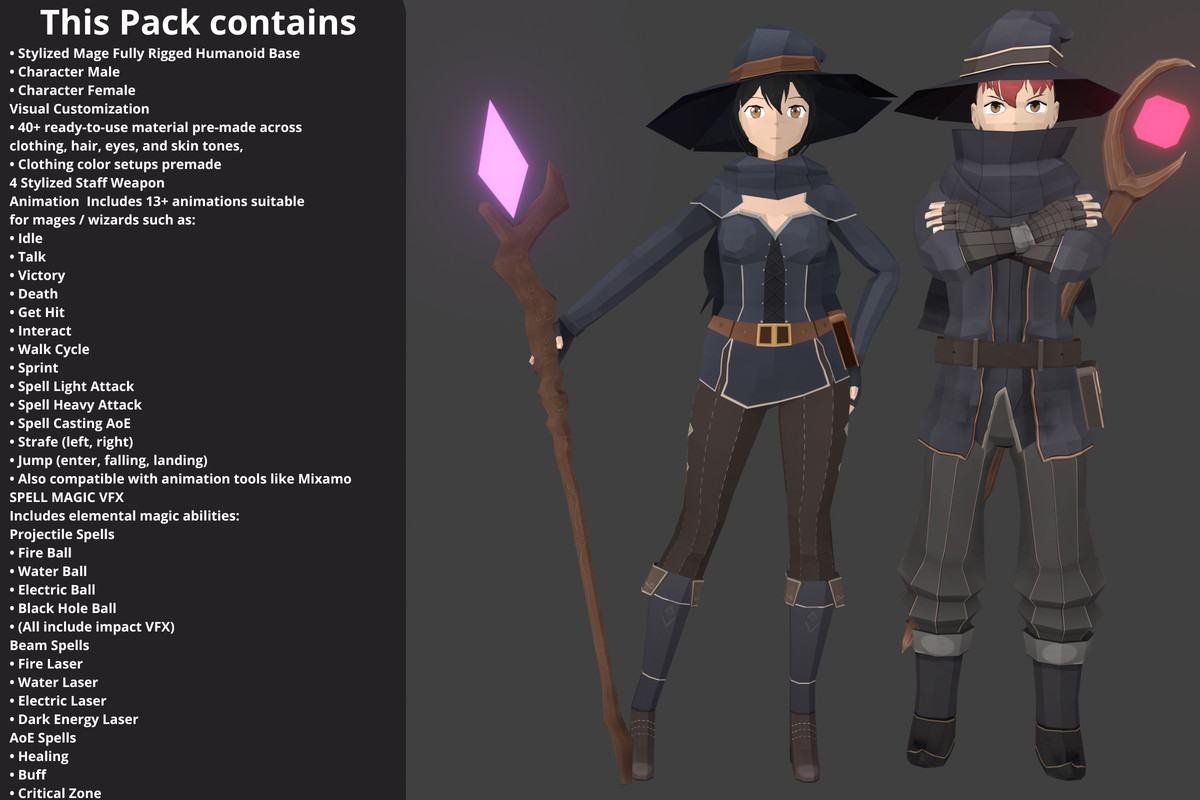 Stylized Mage Pack – Low Poly Characters, Spells, Animations & VFX
