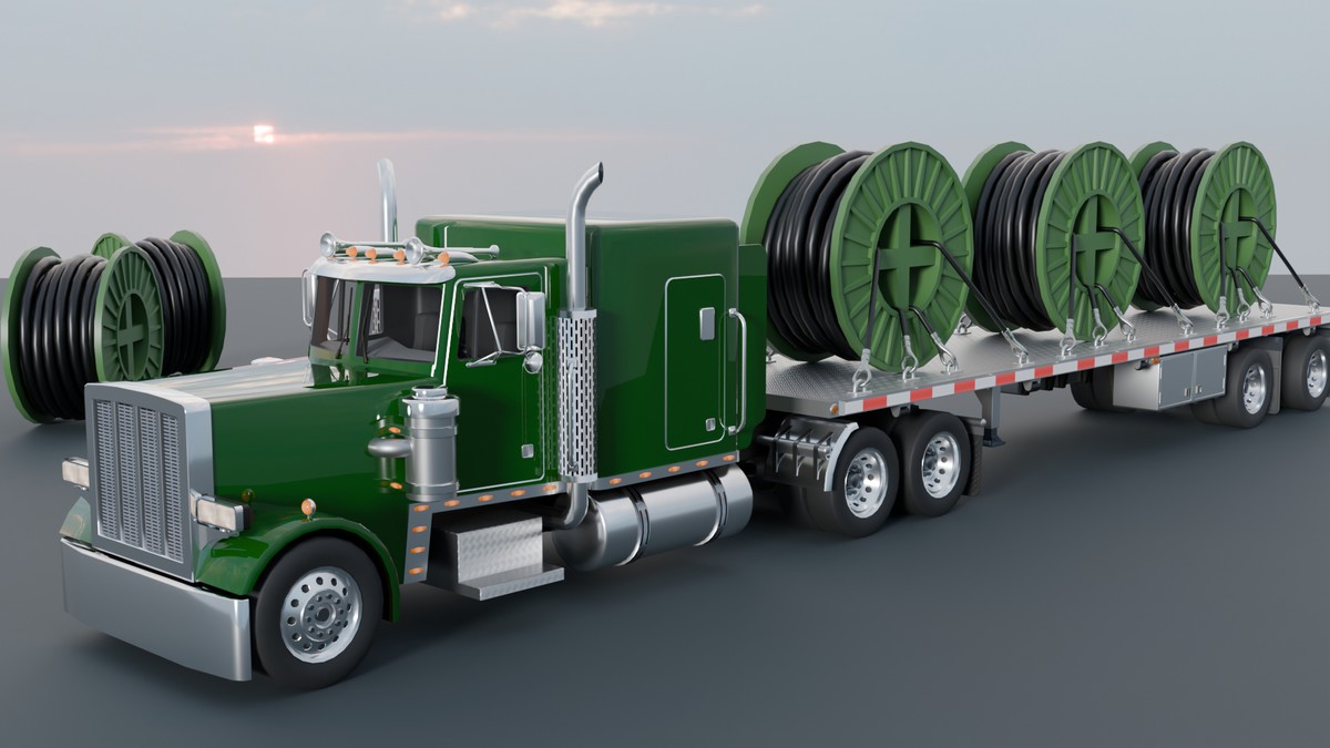 American Semi Truck with Flatbed Trailer & Cable Reel Cargo