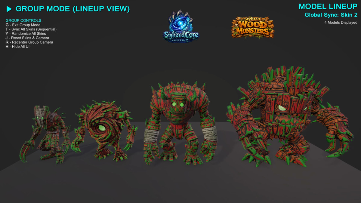 Monster Wood Pack – 4 Stylized Animated Creatures (LOD + Skins)