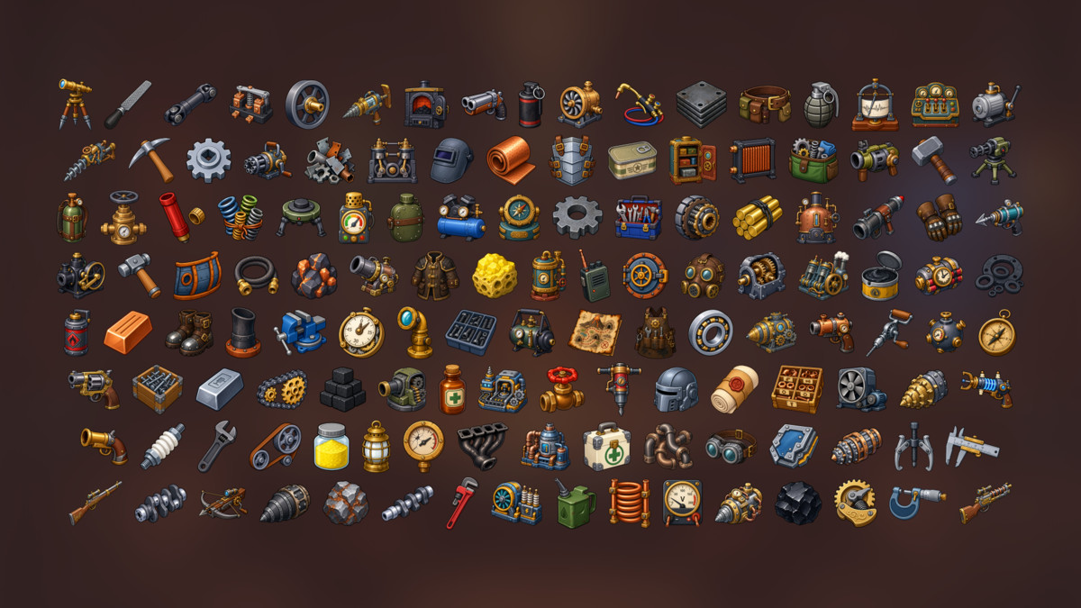 Steampunk Engineering Weapons Machinery Industrial Workshop Icons Pack