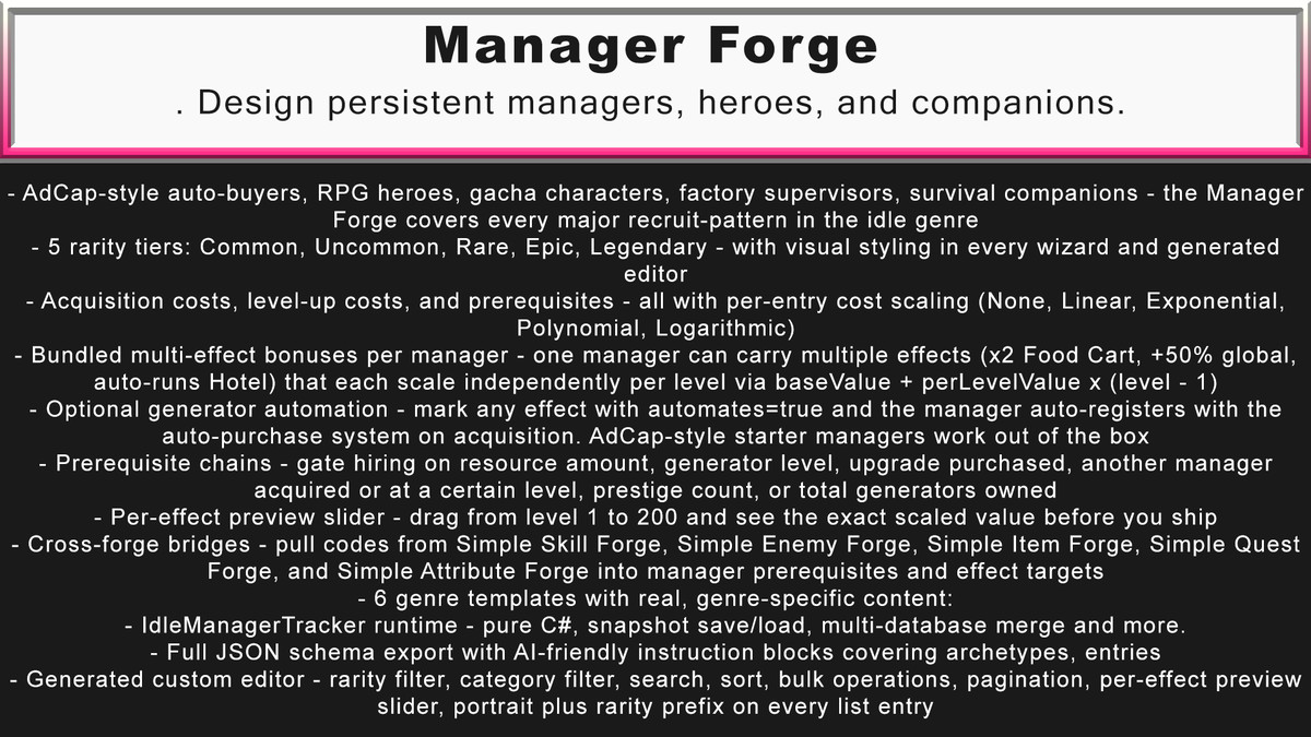 Simple IDLE Forge: No-Code Idle Game Toolkit w/ 4 Playable Demos & JSON support