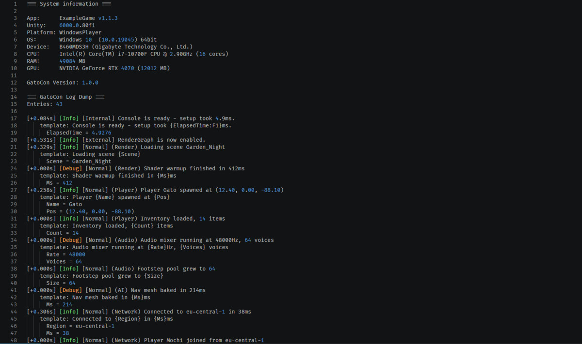 GatoCon - Runtime Debug Console & Structured Logging