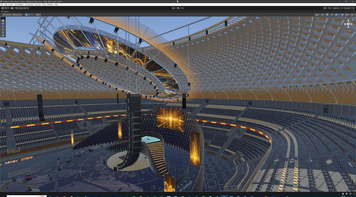 Golden Concert Arena Stadium 3D Model - Futuristic Environment with Stage, Props