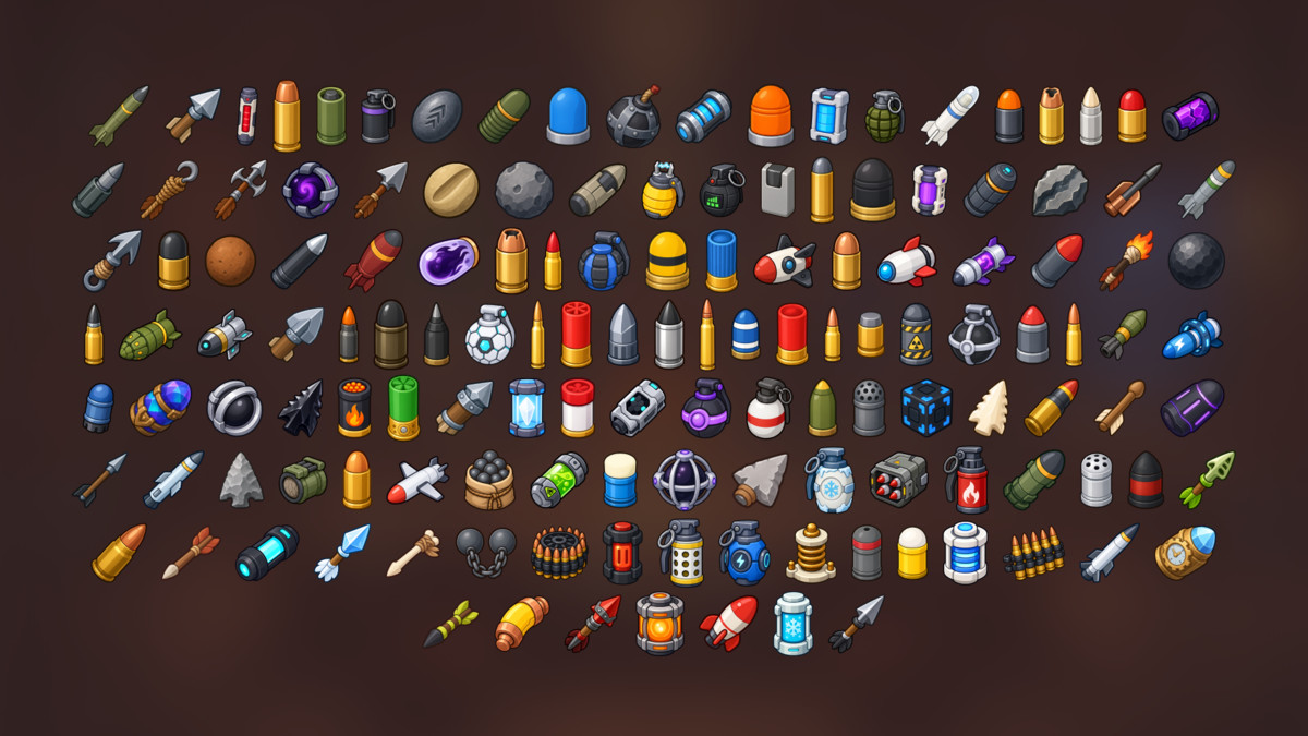Ammunition Bullets Rockets Grenades Arrows Sci-Fi Projectiles Icons Pack