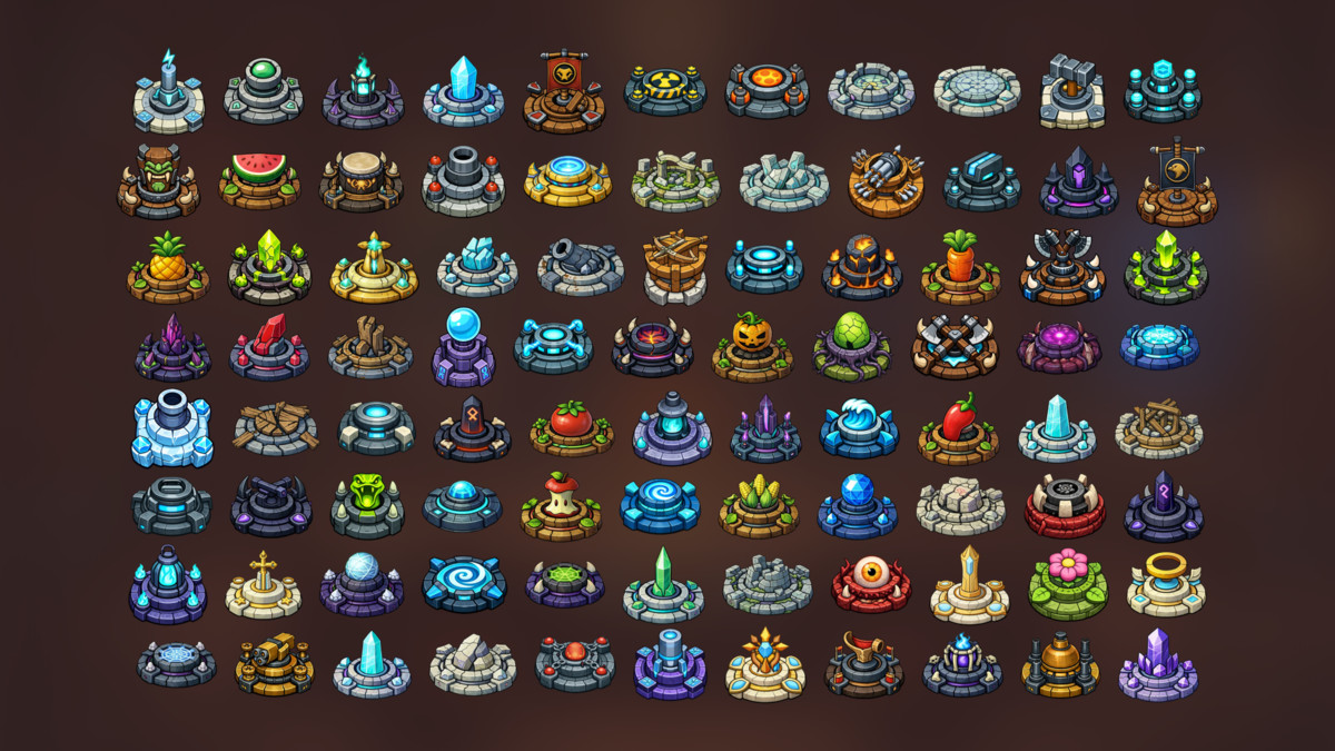 Tower Defense Turrets, Elemental Towers and Magic Defense Icons Pack