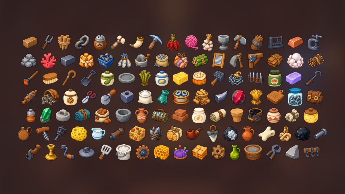 Crafting Materials Workshop Tools Food Minerals Resources Icons Pack