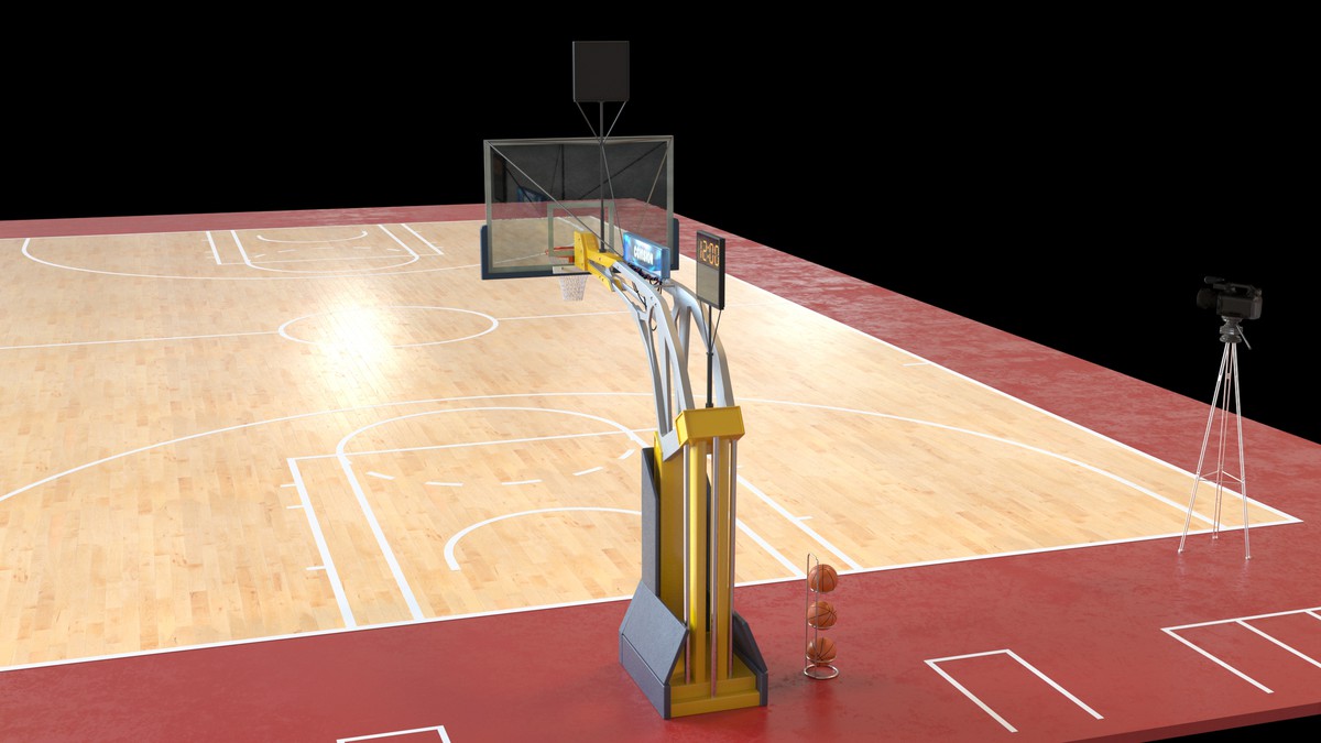 Basketball Court Set with Backboard, Hoop, Parquet, Balls, Digital Timer, Screen