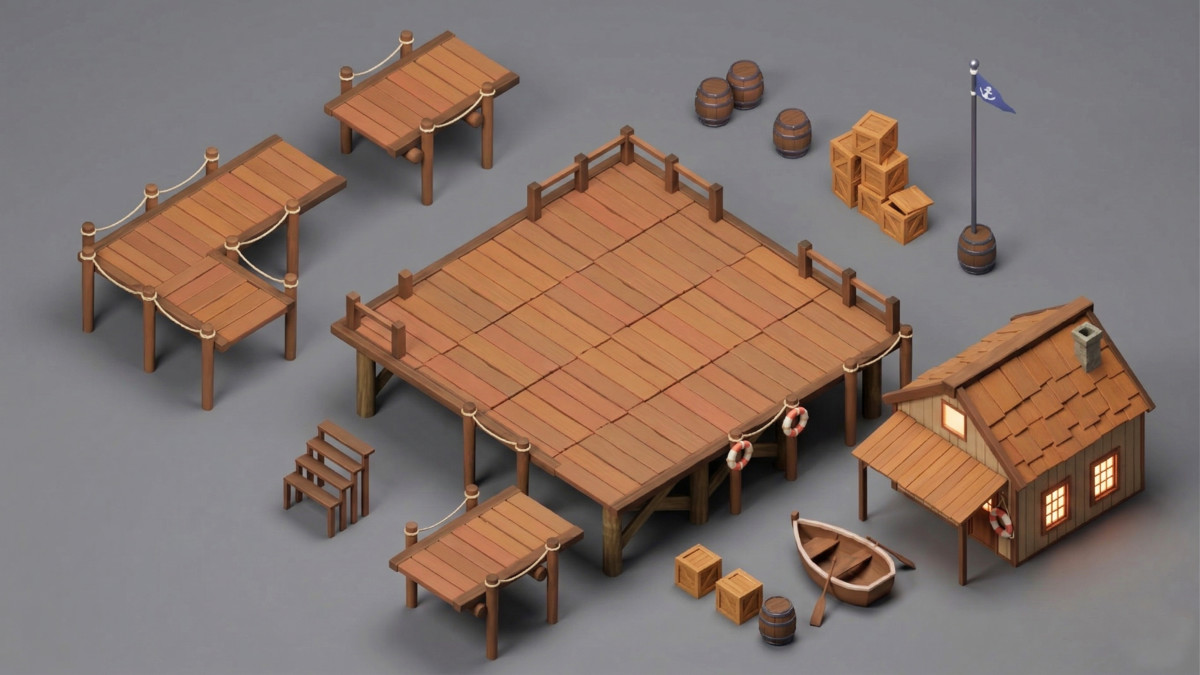 Modular Waterfront System: Fisherman’s Shack, Docks, and Rowboat