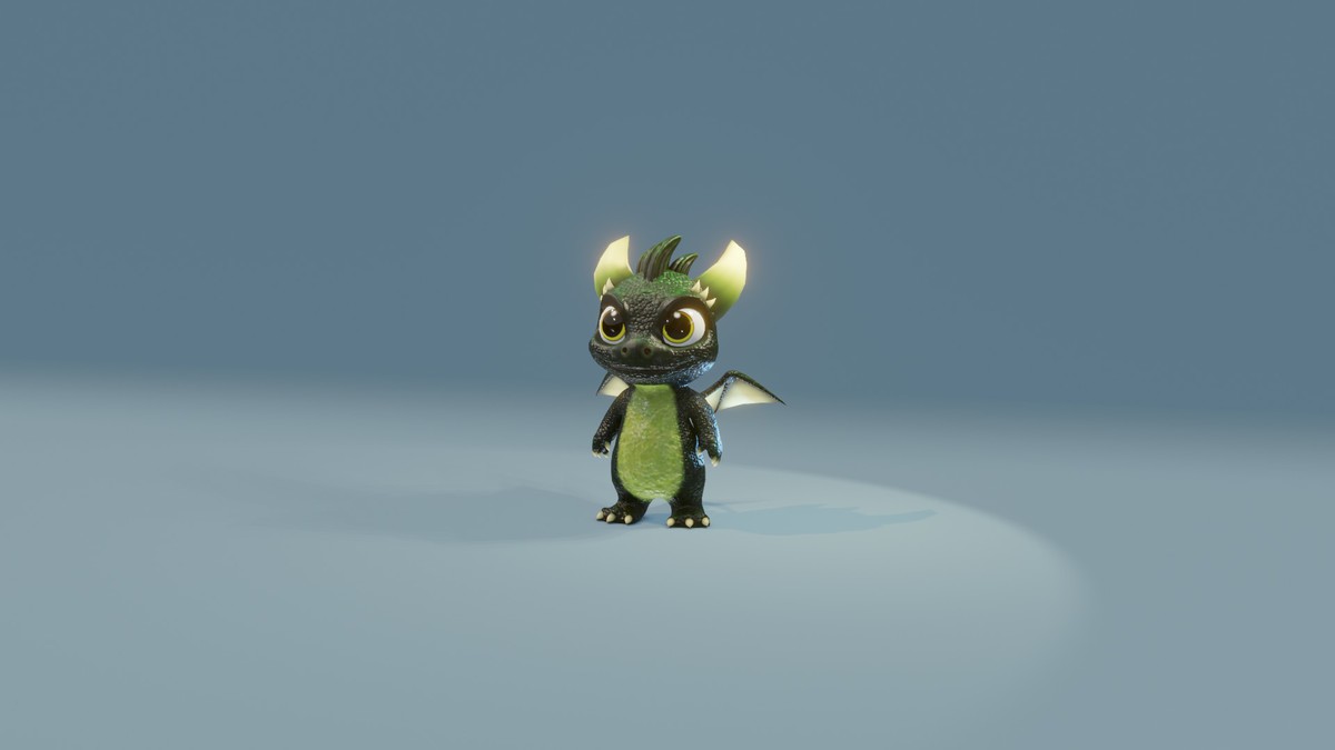 Cartoon Dark Green Baby Dragon 3D Model (Low-Poly, Game-Ready, Built-In)