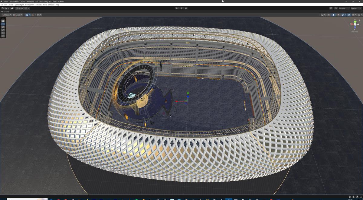Golden Concert Arena Stadium 3D Model - Futuristic Environment with Stage, Props
