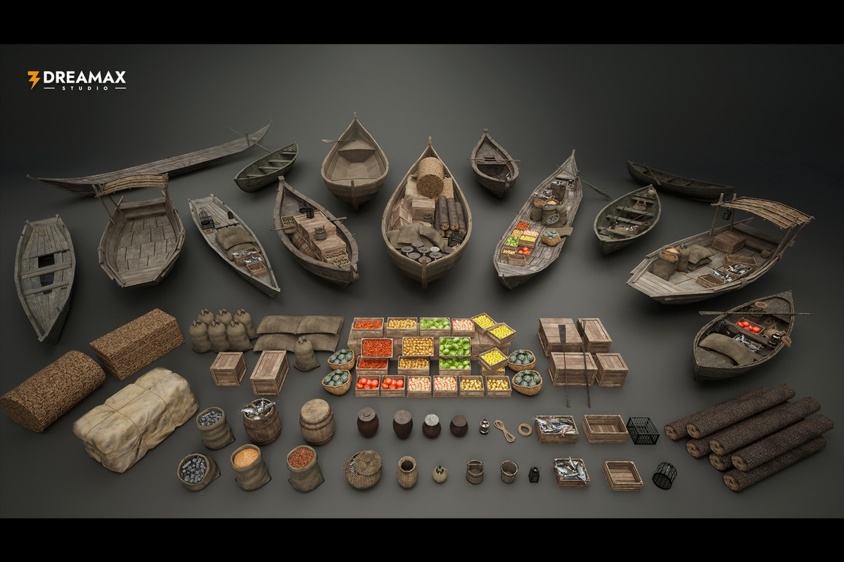 Medieval Rowboats & Harbor Trade Props Pack – Fishing, Cargo & Dock Assets
