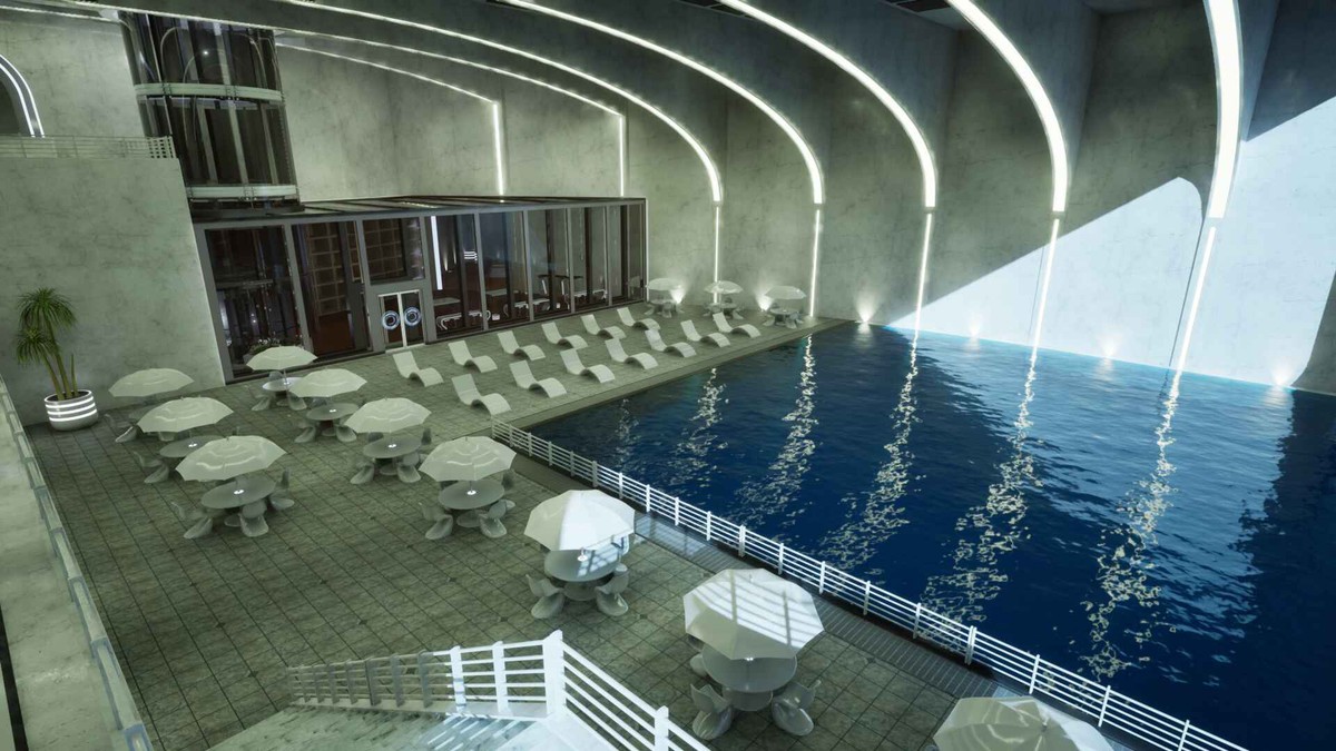 Futuristic Pool Lounge – Luxury Sci-Fi Environment
