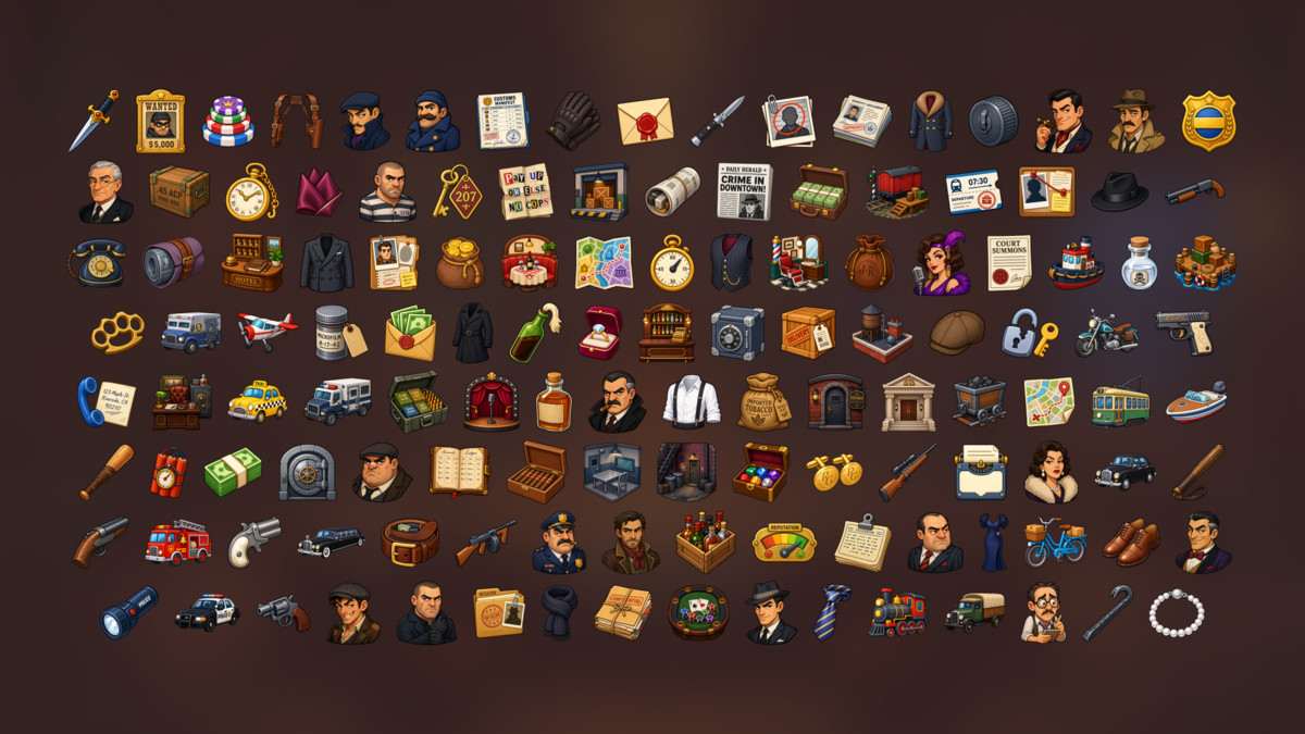 Gangster Era Prohibition Mafia Bootlegging Police City Icons Pack