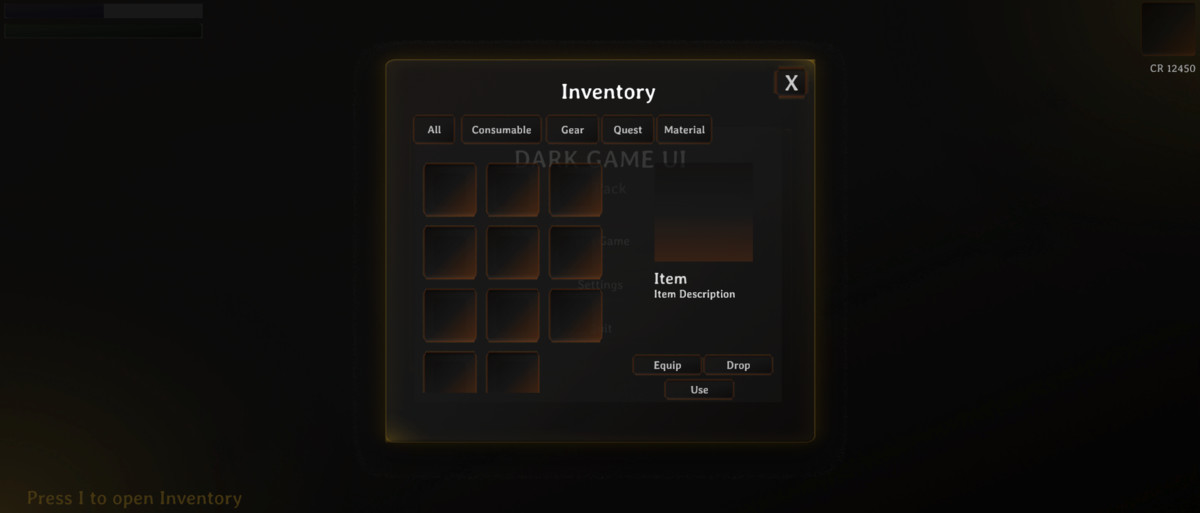 Dark Fantasy RPG UI Kit — Inventory, Menu & Settings