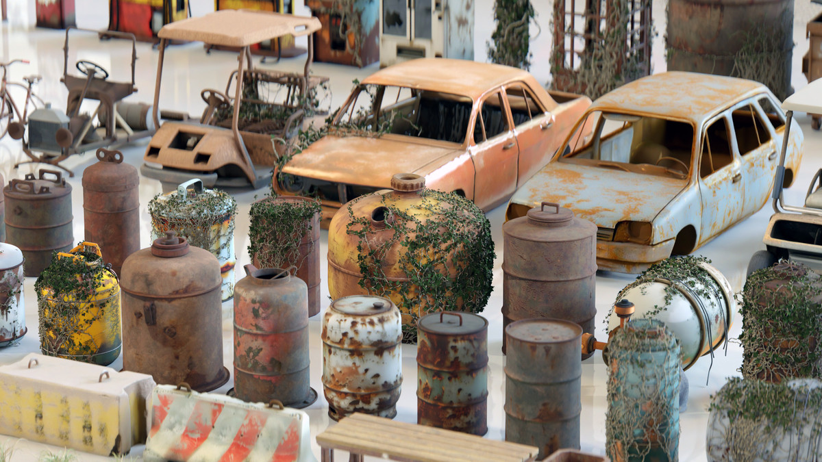 Post-Apocalyptic Junkyard Rusty Gas Station Props Pack (217 3d assets)