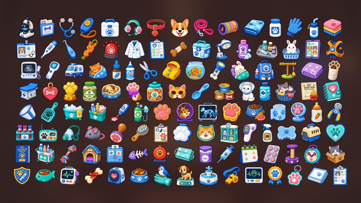 Pet Care Veterinary Clinic Grooming Supplies Icons Pack