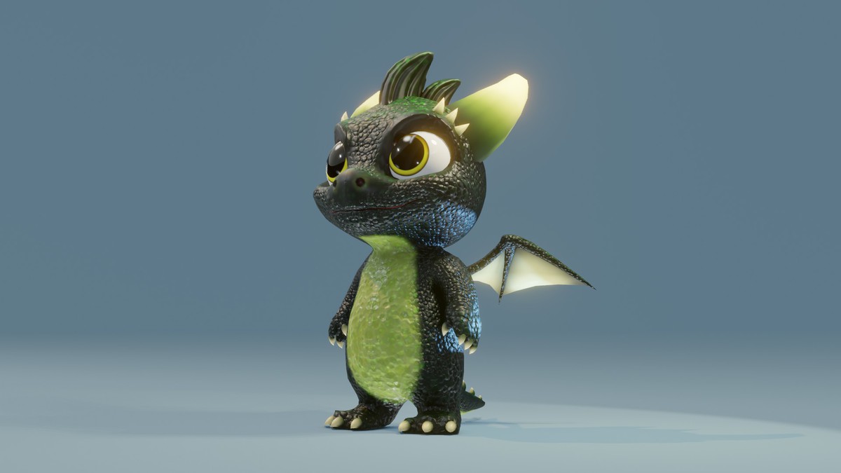Cartoon Dark Green Baby Dragon 3D Model & 5 Music Tracks & 36 Sound Effects