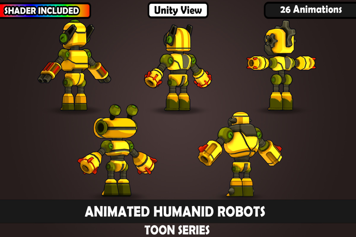 V1 Animated Toon Humanoid Robot Charcaters : 5 Characters, 26 Animations, Matcap