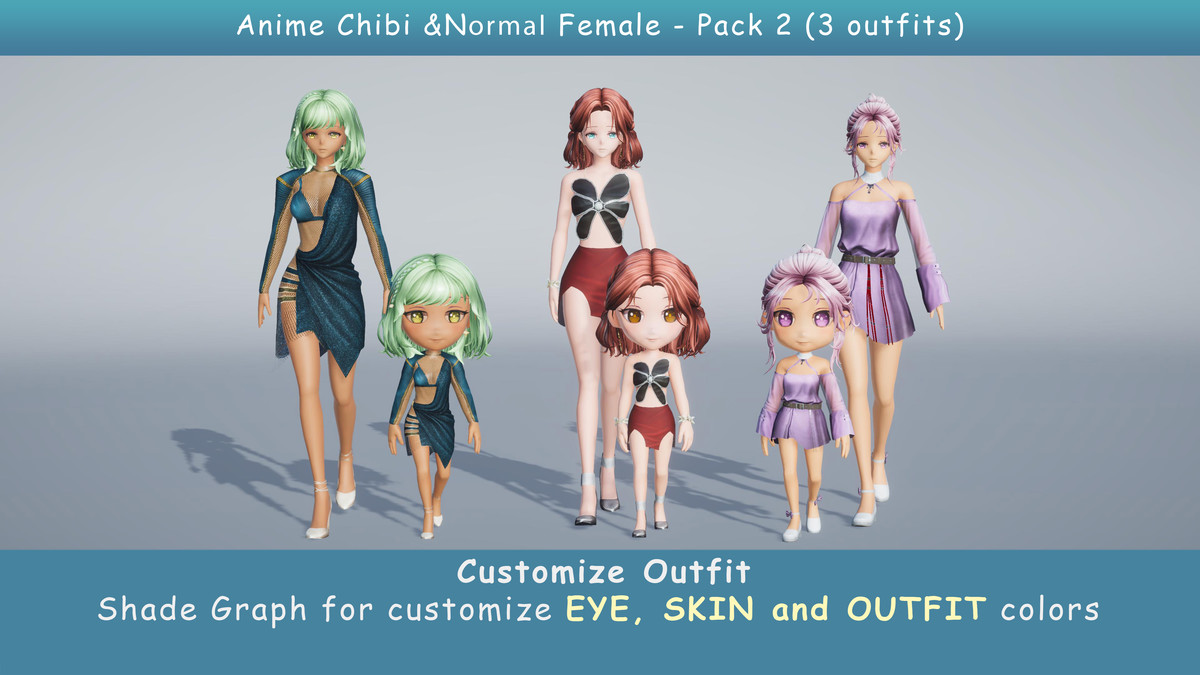 Modular Anime Female Character - Combo 2 (3 outfit)