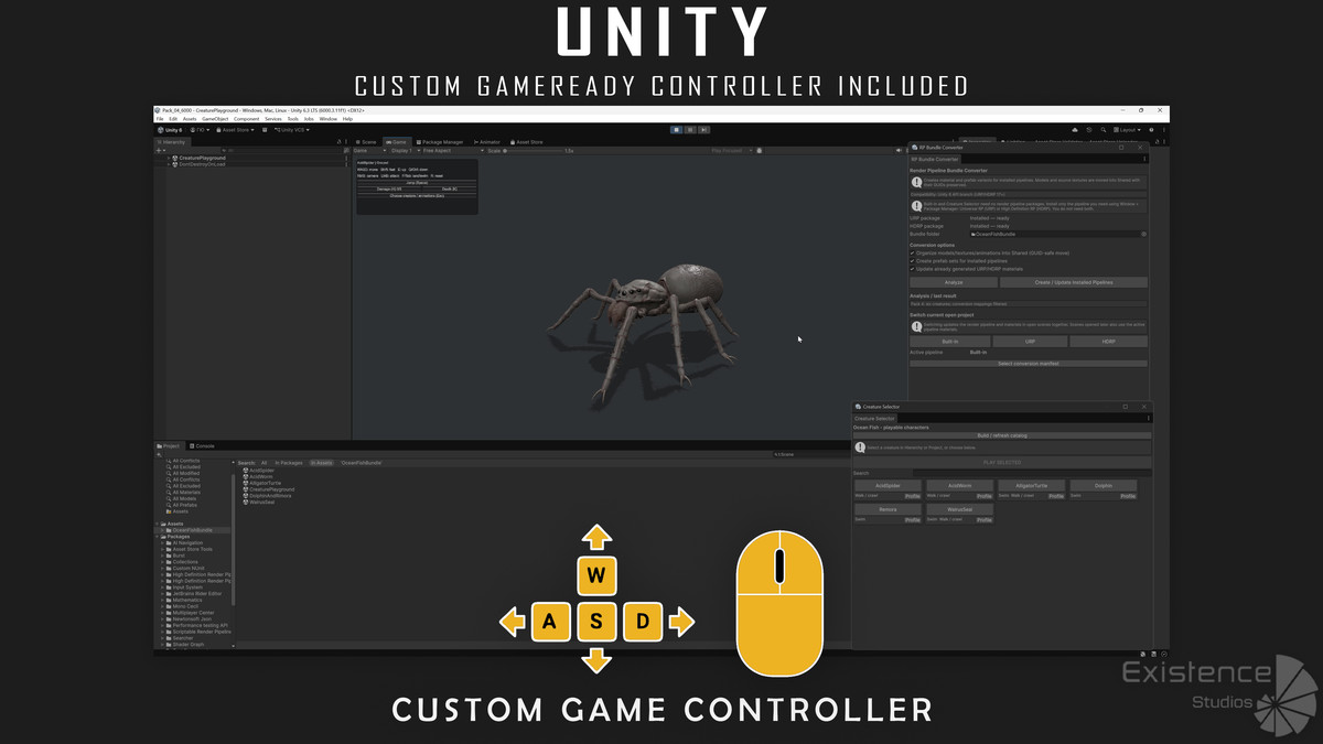 Underwater Creatures Pack 4 - WalrusSeal, Spider, Turtle, Worm, Dolphin & Remora