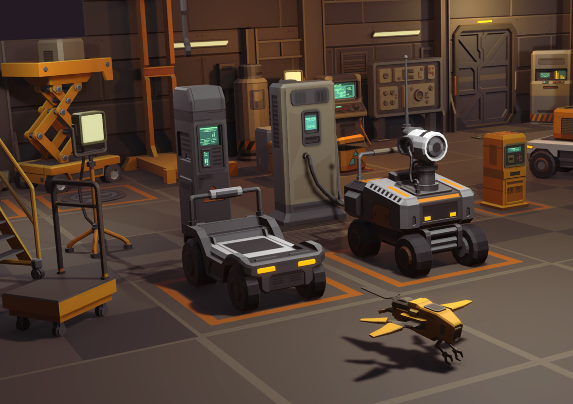 Low Poly Sci-Fi Hangar 90+ Cosmic Retro Props & Environment
