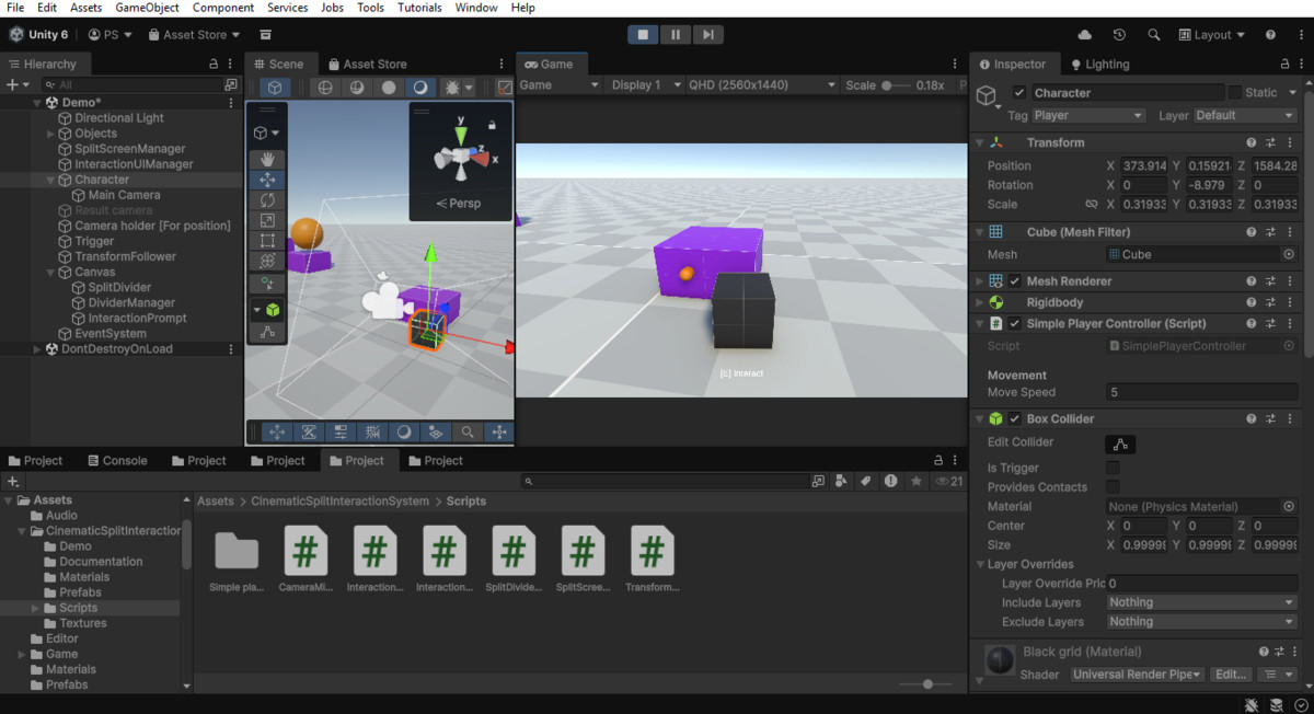 Cinematic split screen interaction system