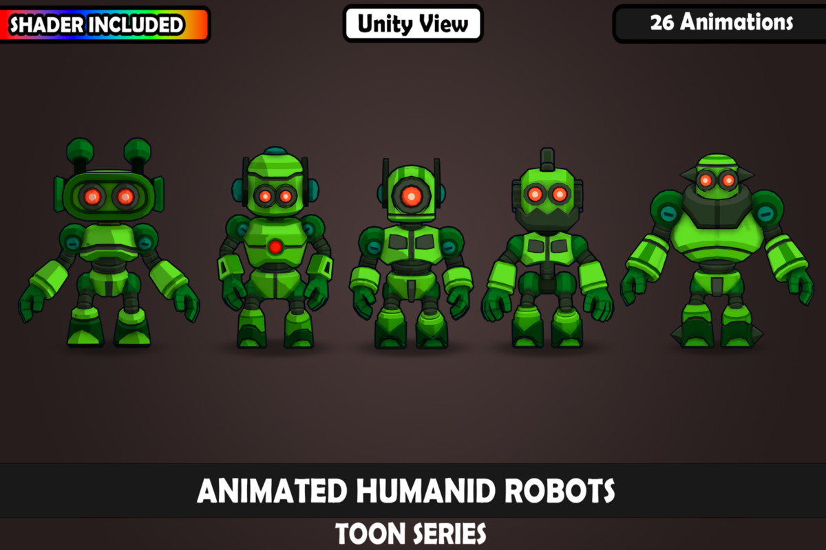 V1 Animated Toon Humanoid Robot Charcaters : 5 Characters, 26 Animations, Matcap