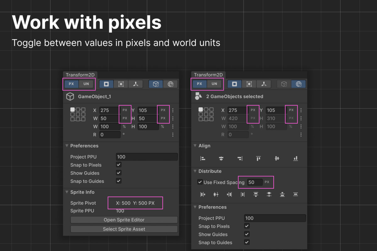 Transform 2D - Anchors, Size, Width/Height, Pixels, Align, Spacing, Guides