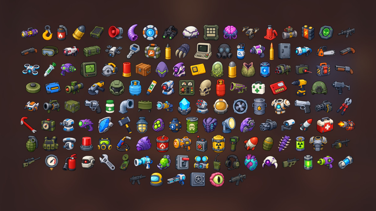 Sci-Fi Weapons Tactical Gear Alien Tech Military Equipment Icons Pack