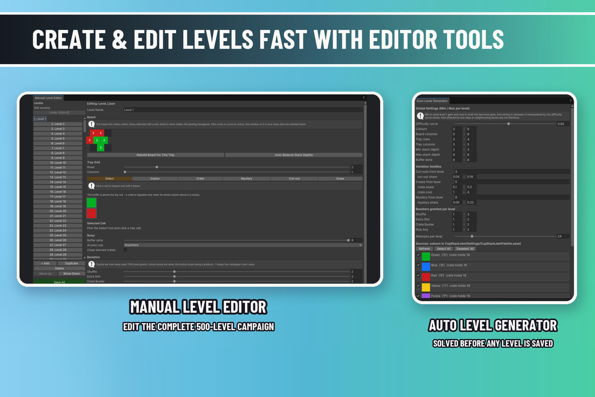 Cup Stack Jam | Sorting Puzzle Game Template + Level Editors + Ads